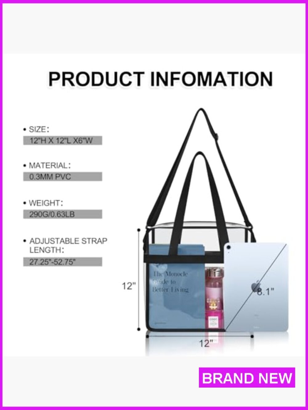 Clear Tote Bag for Stadium Events Concert Sports Festivals PVC Tote Crossbody - Picture 4 of 7